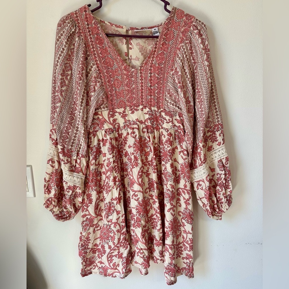 Sincerely Jules Red and Cream Long Sleeve Boho Mini Dress
